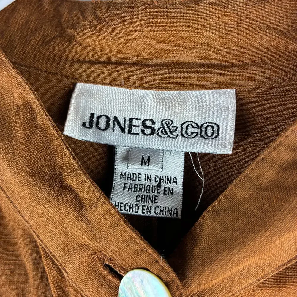 Jones & Co Mother of Pearl Button Up Linen Tunic Top Terra Cotta Womens Medium